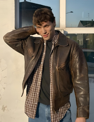 Brown leather bomber jacket