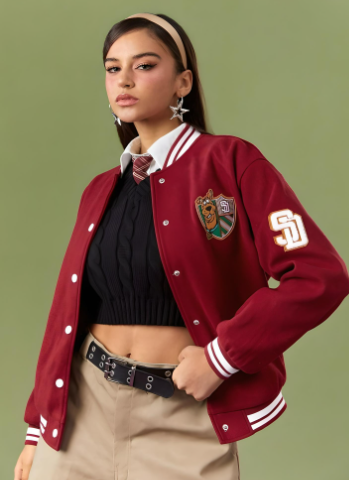 dark red varsity jacket