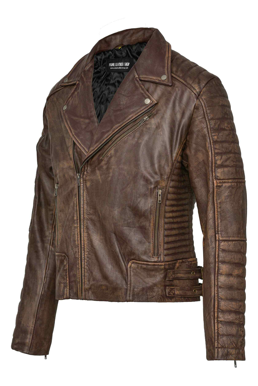 Distressed Brown Biker Leather Jacket - Primeleathershop