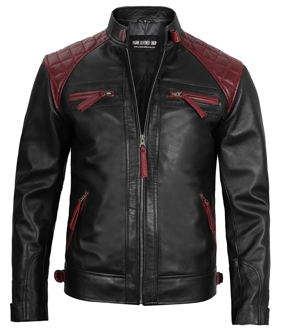 Men’s Speedster Maroon & Black Café Racer Leather Jacket - Primeleathershop