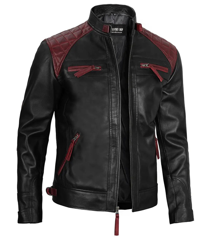 Men’s Speedster Maroon & Black Café Racer Leather Jacket - Primeleathershop