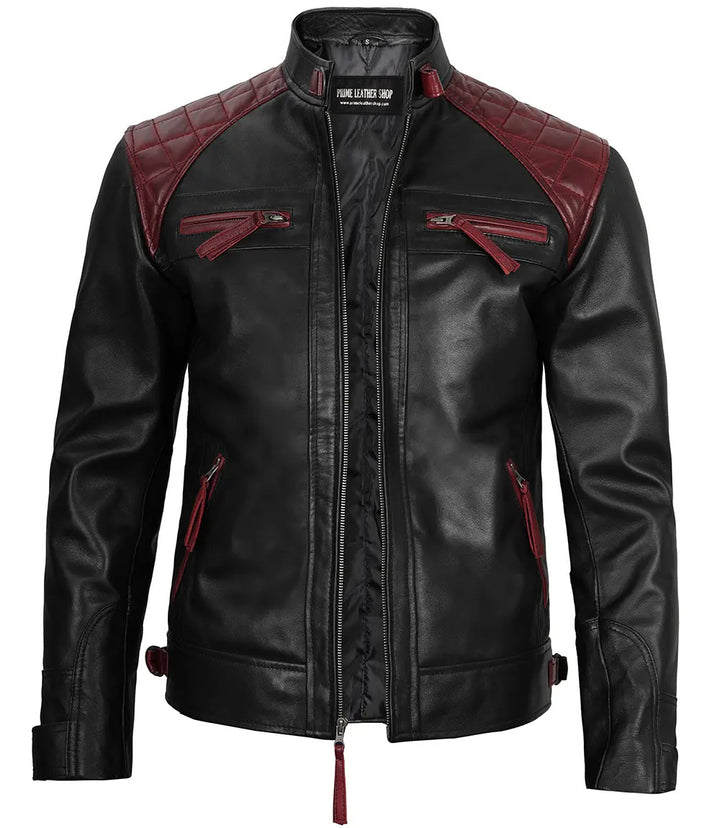 Men’s Speedster Maroon & Black Café Racer Leather Jacket - Primeleathershop