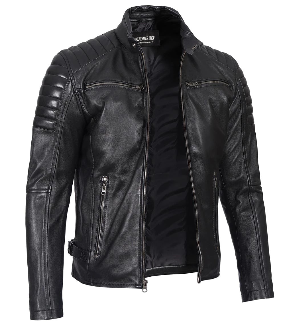 Men’s Phantom Black Café Racer Leather Jacket - Primeleathershop