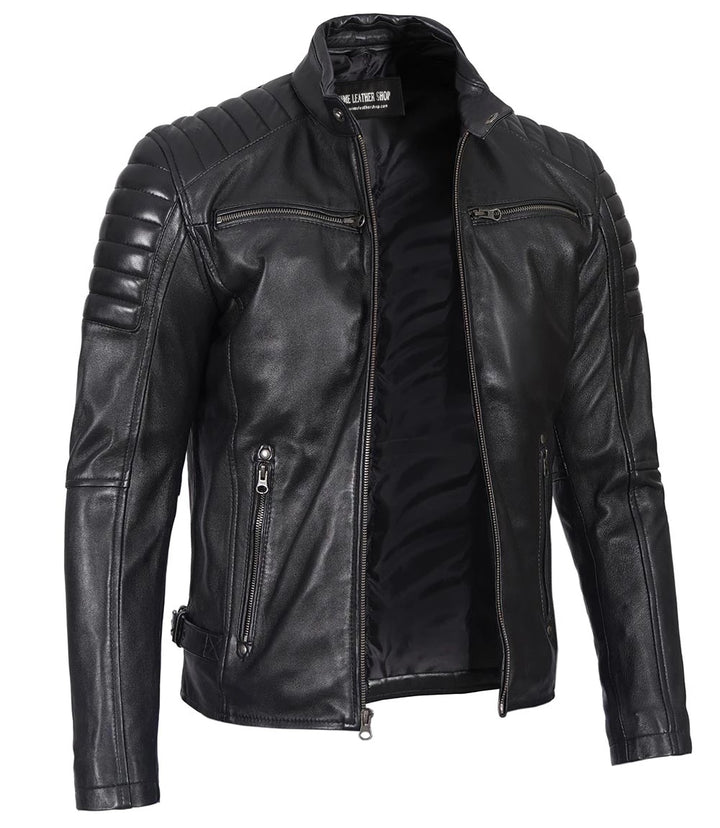 Men’s Phantom Black Café Racer Leather Jacket - Primeleathershop