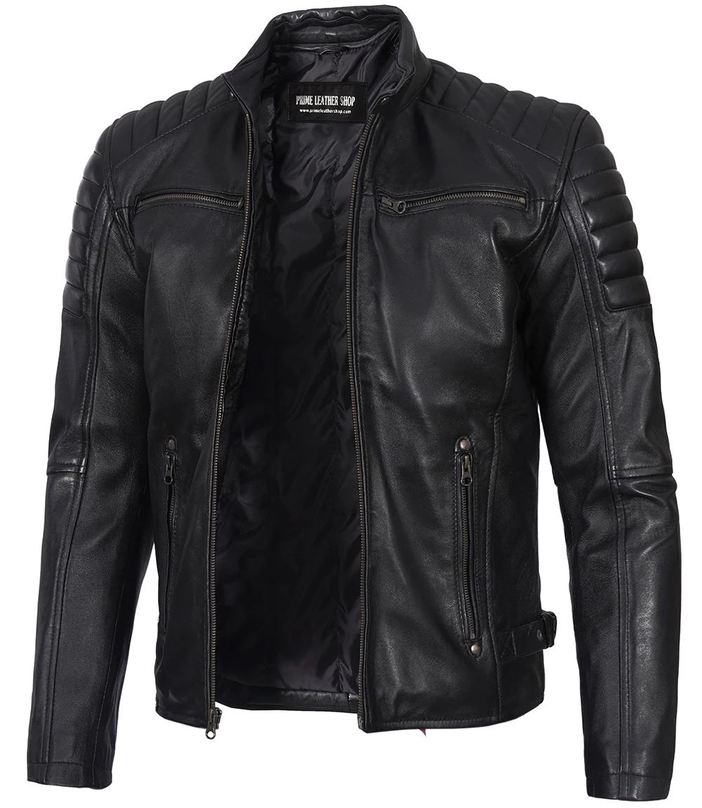 Men’s Phantom Black Café Racer Leather Jacket - Primeleathershop