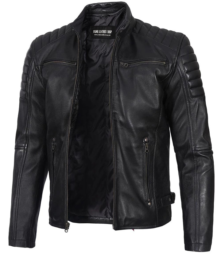 Men’s Phantom Black Café Racer Leather Jacket - Primeleathershop