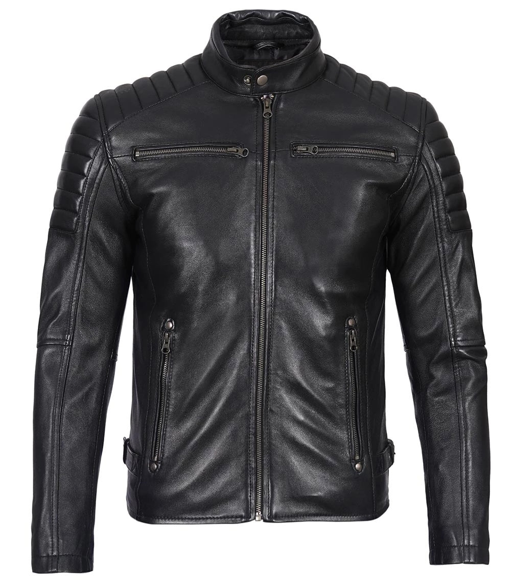 Men’s Phantom Black Café Racer Leather Jacket - Primeleathershop
