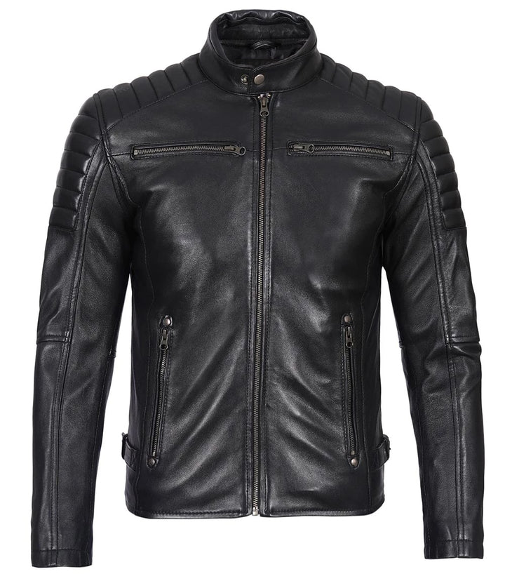 Men’s Phantom Black Café Racer Leather Jacket - Primeleathershop