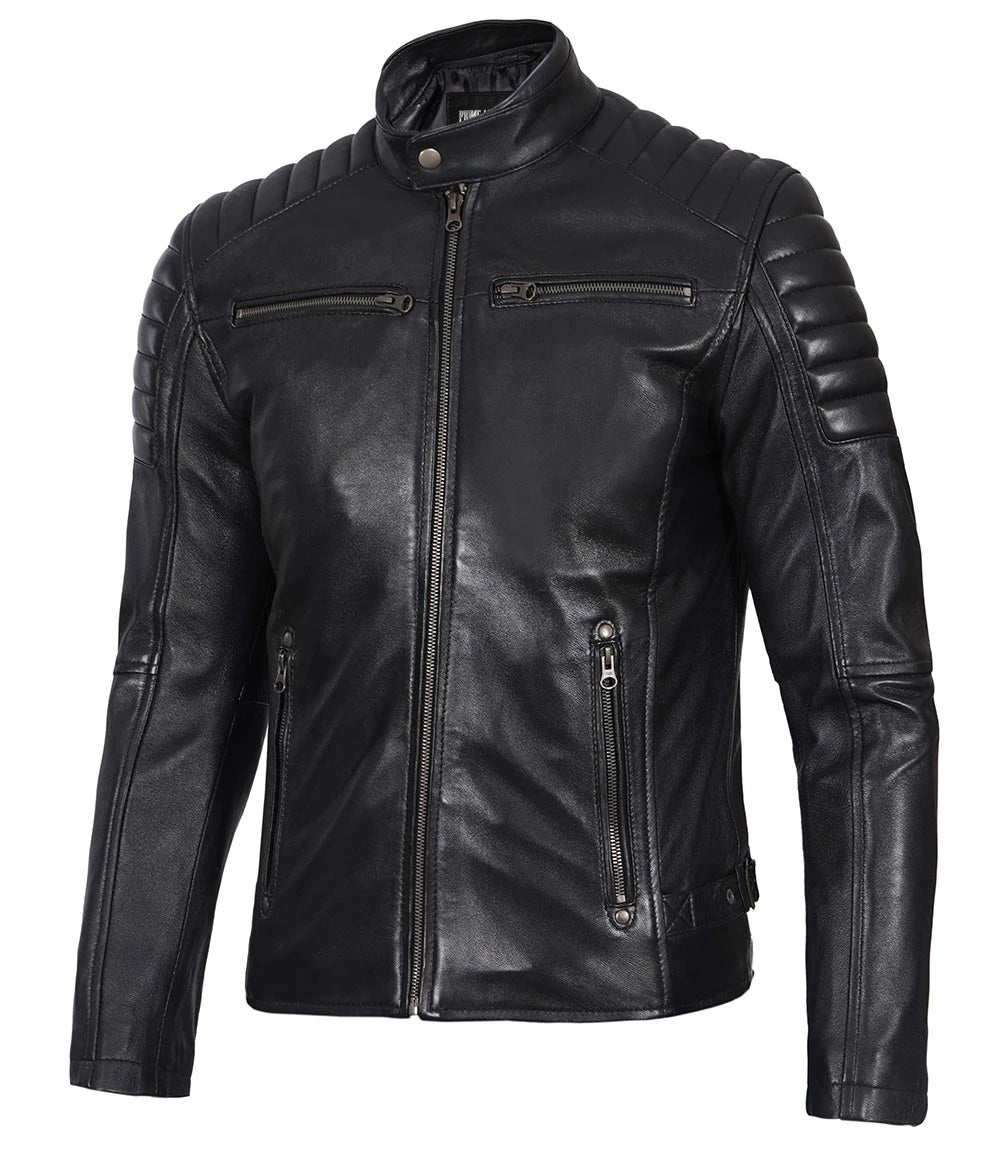 Men’s Phantom Black Café Racer Leather Jacket - Primeleathershop