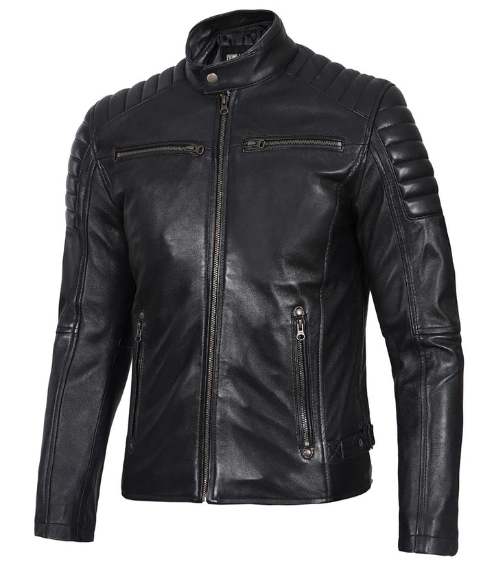 Men’s Phantom Black Café Racer Leather Jacket - Primeleathershop