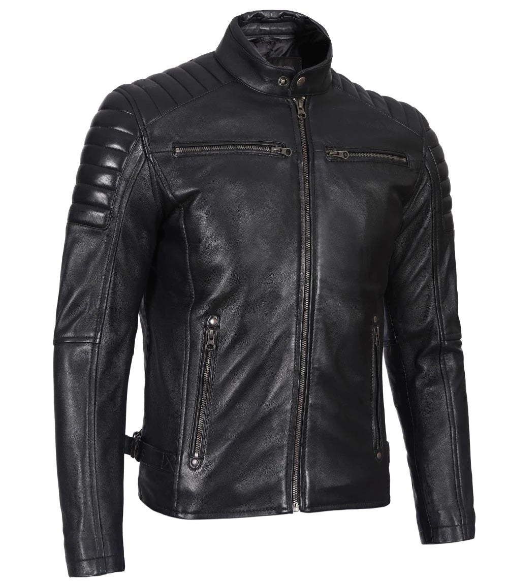Men’s Phantom Black Café Racer Leather Jacket - Primeleathershop