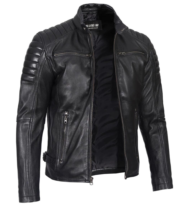 Men’s Phantom Black Café Racer Leather Jacket - Primeleathershop